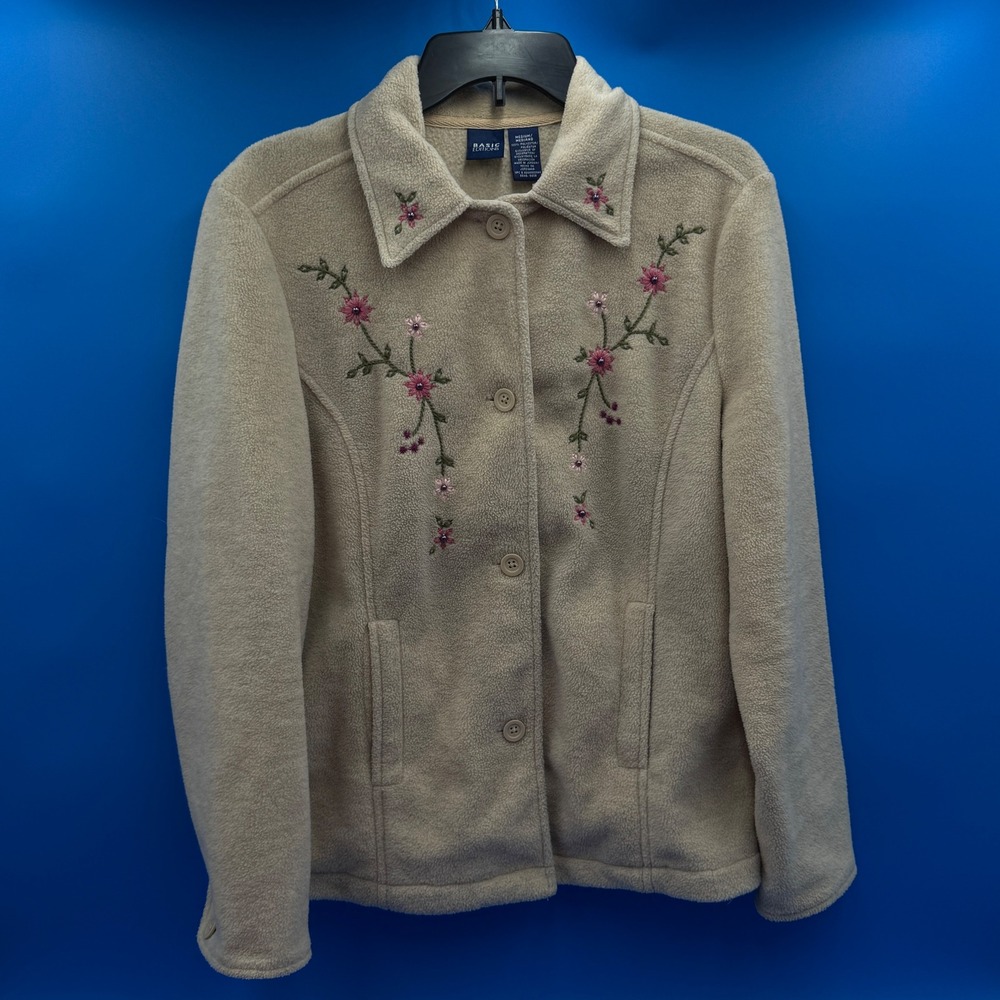Basic Editions Womens Beige Fleece Button Front Embroidered Jacket Size Medium‎
